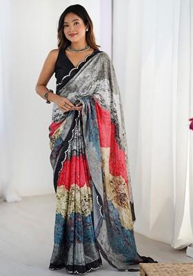 Grey Embroidered Blended Saree Set
