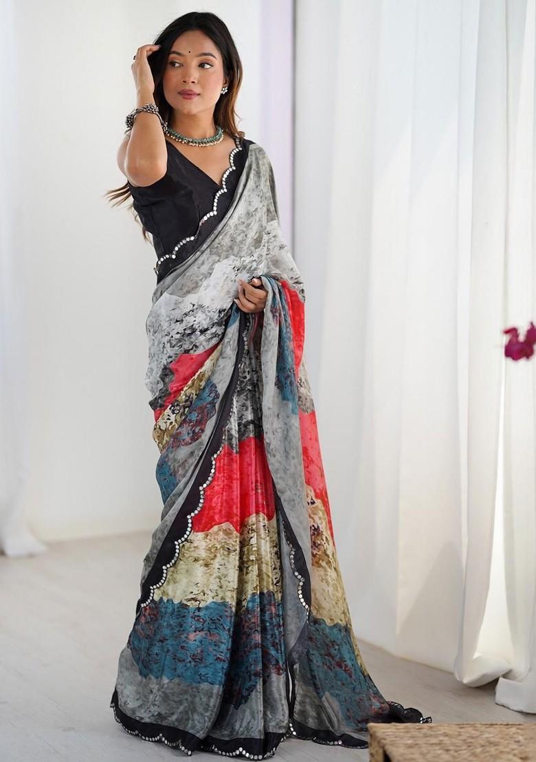 Grey Embroidered Blended Saree Set - Indya