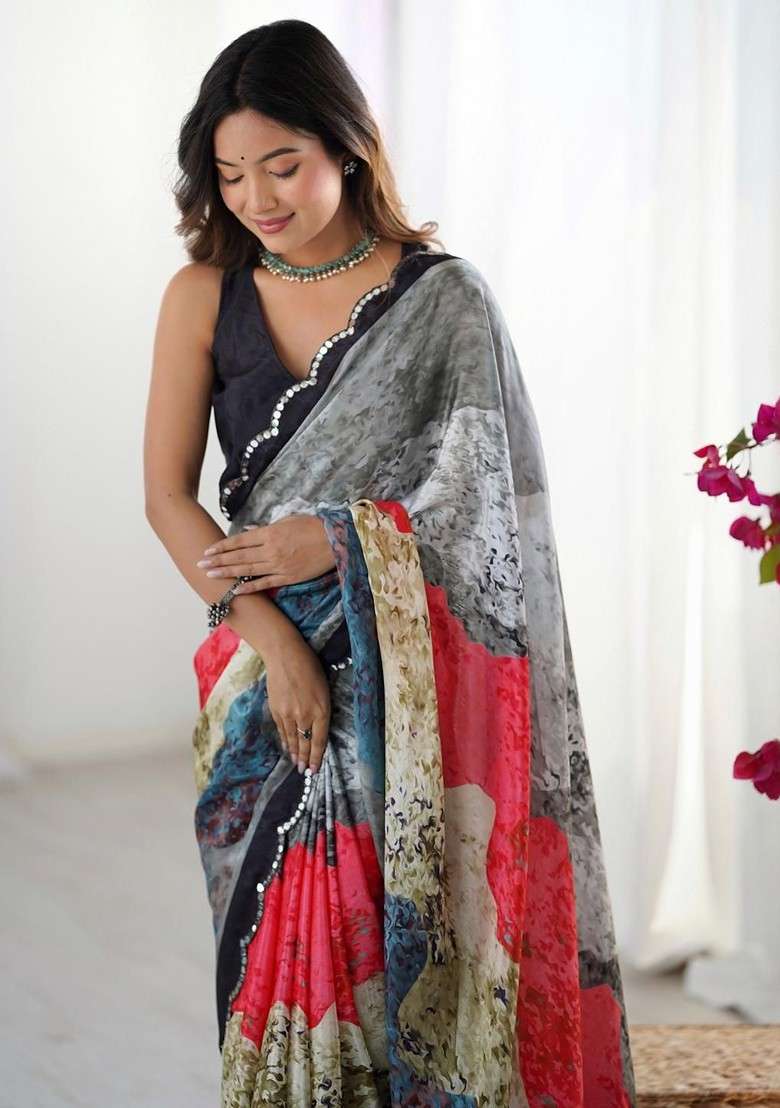 Grey Embroidered Blended Saree Set for Diwali and Festive Wear - Indya