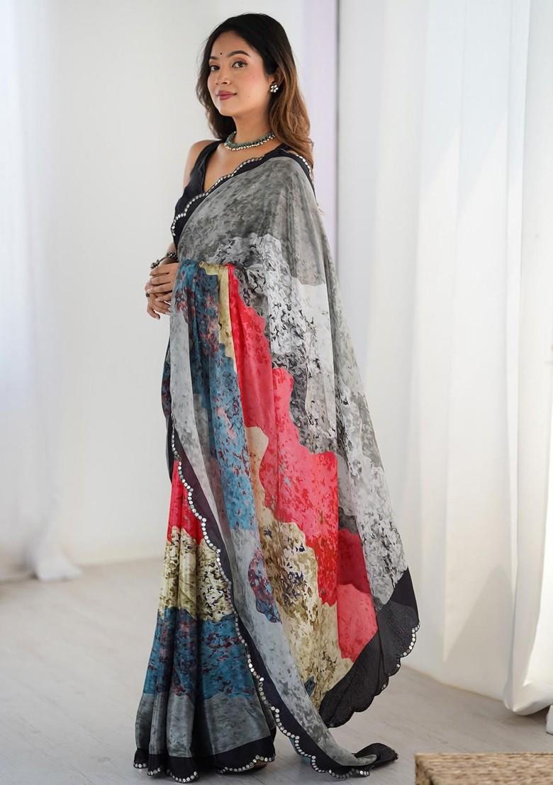 Grey Embroidered Blended Saree Set - Indya