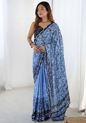 Blue Embroidered Blended Saree Set