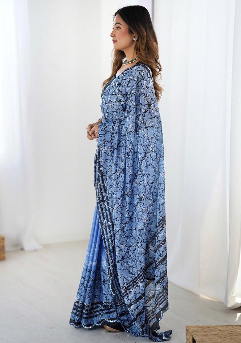 Blue Embroidered Blended Saree Set - Indya