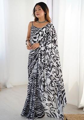 Black Floral Print Blended Saree Set