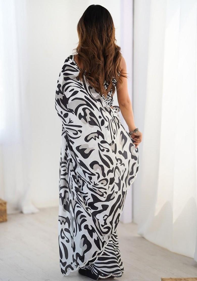 Black Floral Print Blended Saree Set - Indya