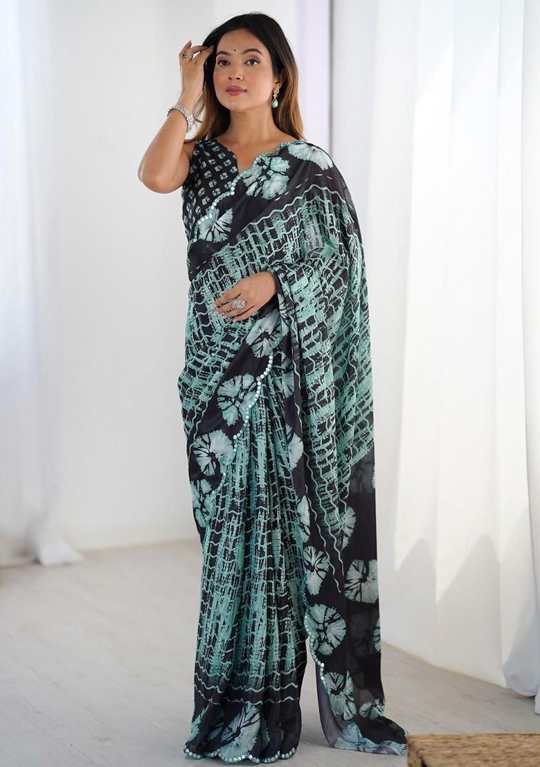 Green Embroidered Blended Saree Set - Indya