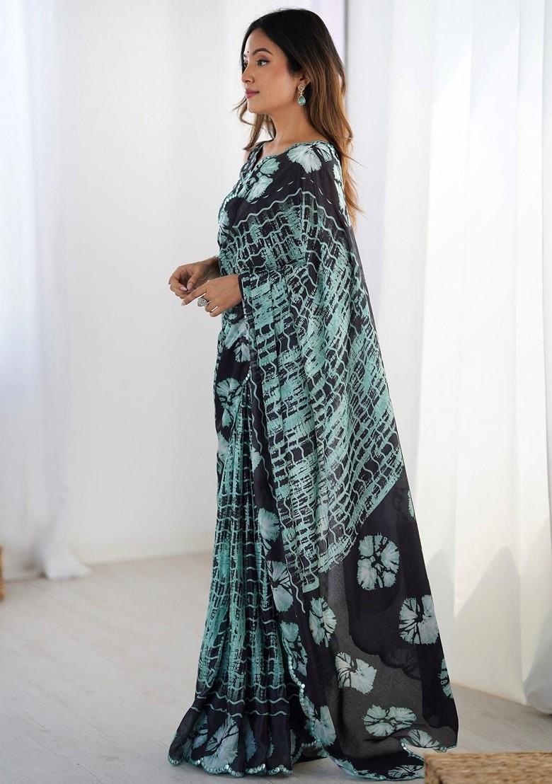 Green Embroidered Blended Saree Set - Indya