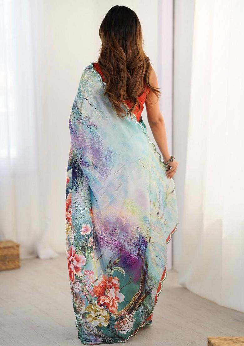 Blue Embroidered Blended Saree Set - Indya