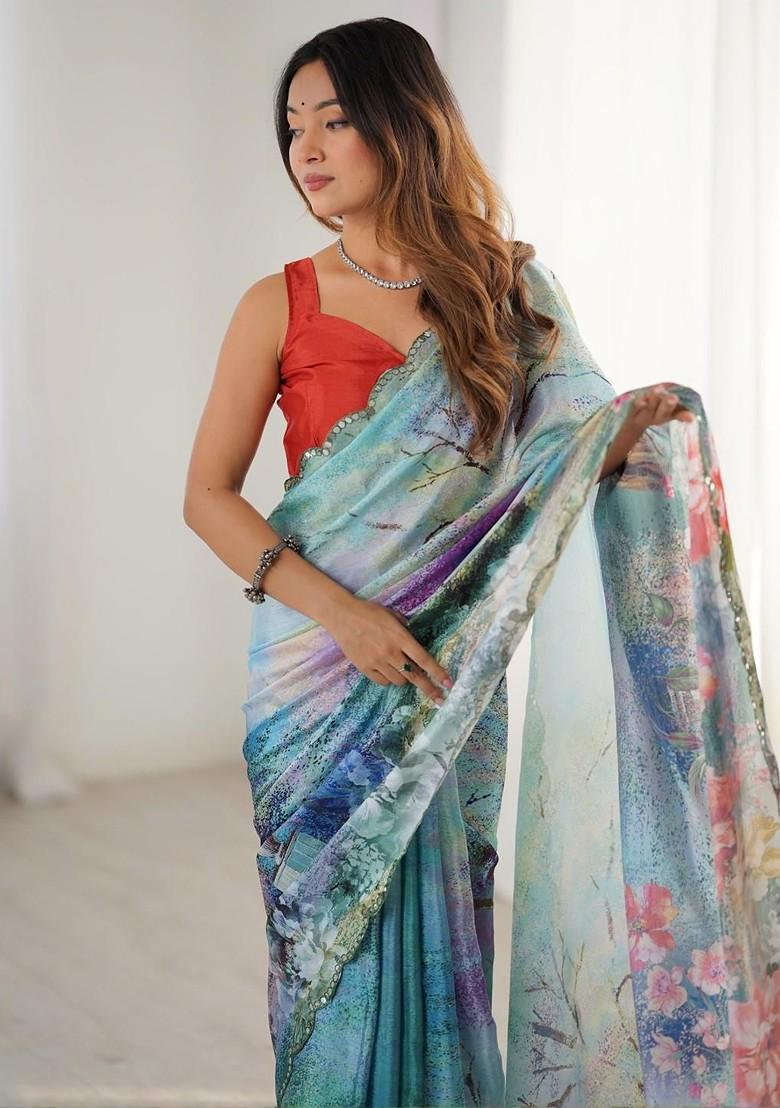 Blue Embroidered Blended Saree Set - Indya