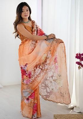 Orange Floral Print Blended Saree Set