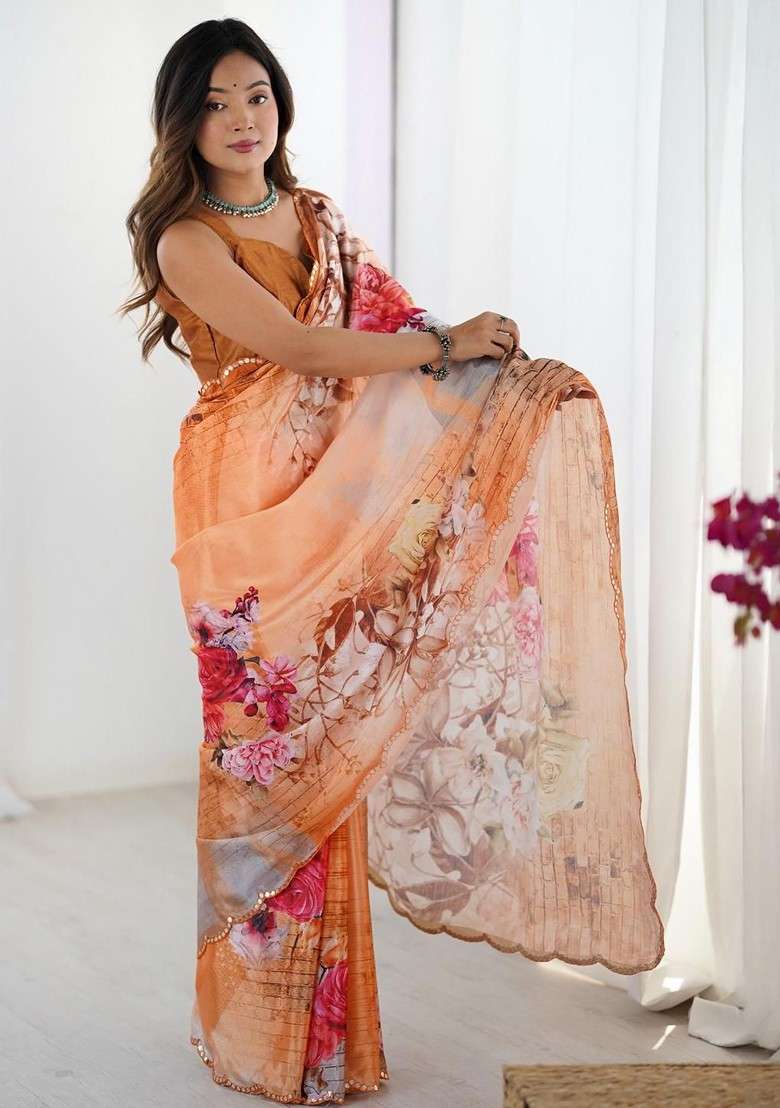 Orange Floral Print Blended Saree Set for Diwali and Festive Wear - Indya