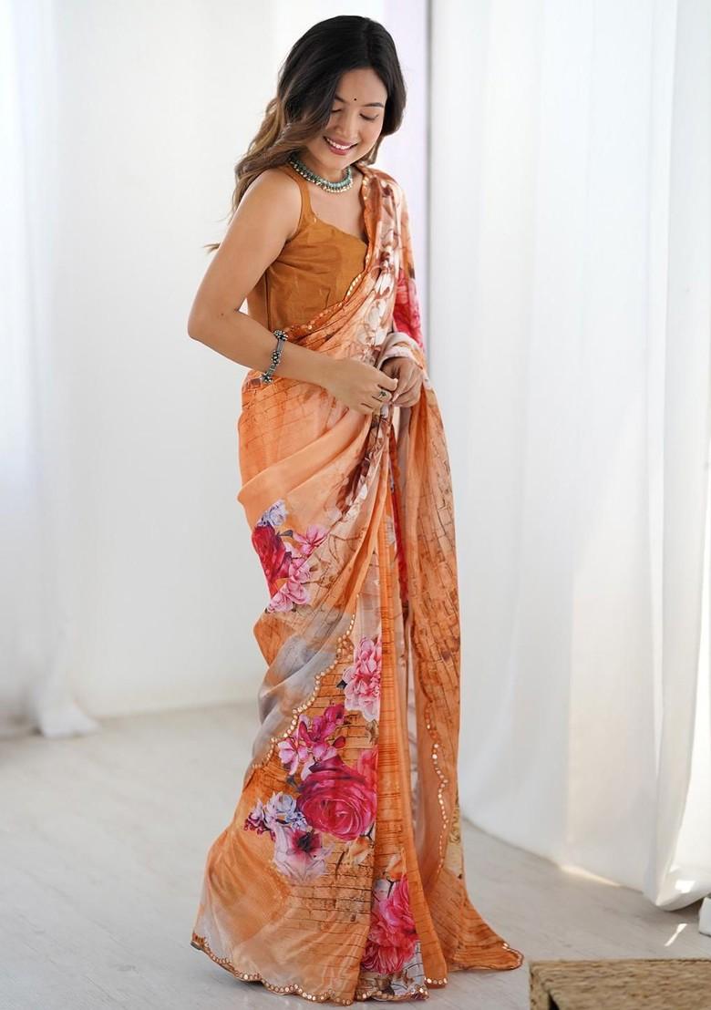 Orange Floral Print Blended Saree Set - Indya