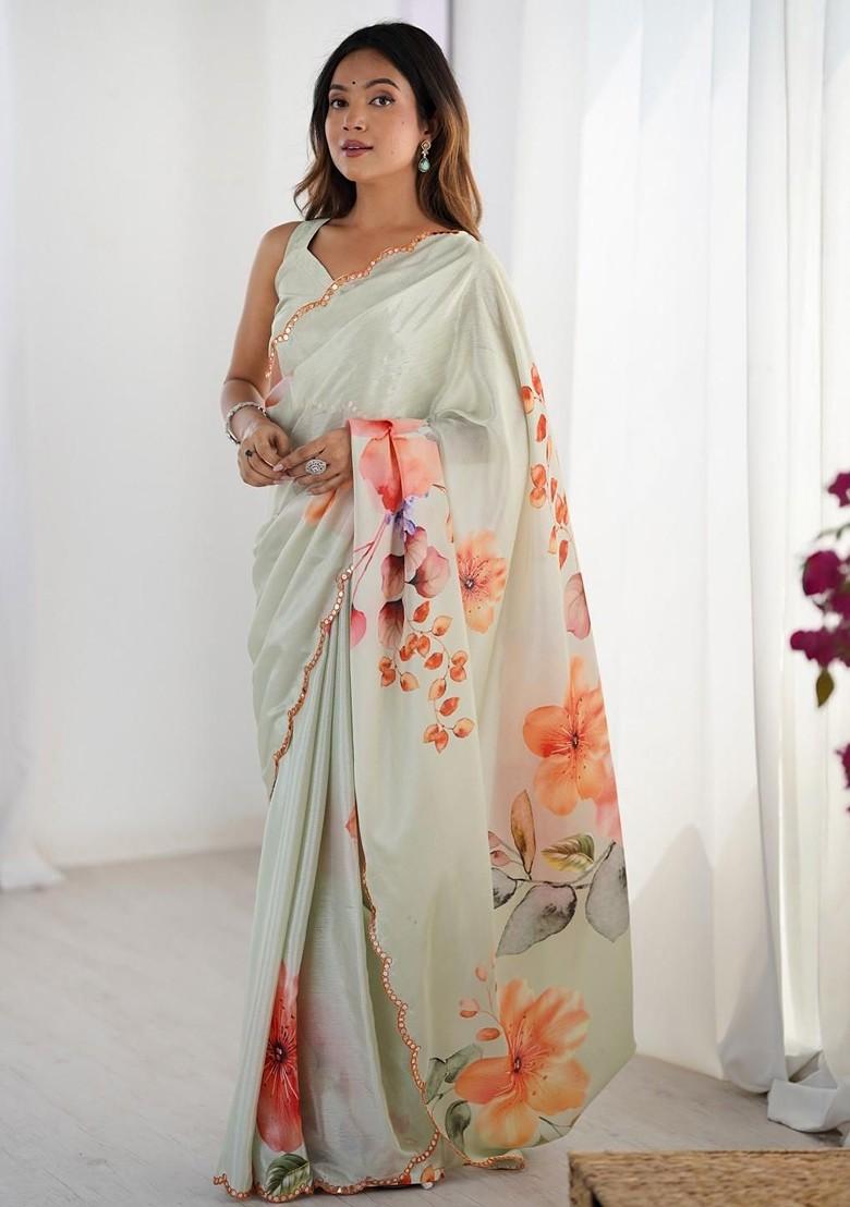 White Printed Blended Saree Set - Indya
