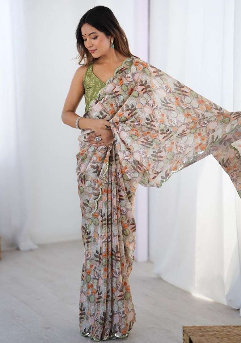 Beige Embroidered Blended Saree Set - Indya