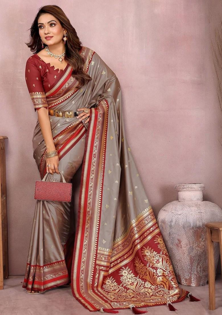 Beige Zari Printed Blended Saree Set