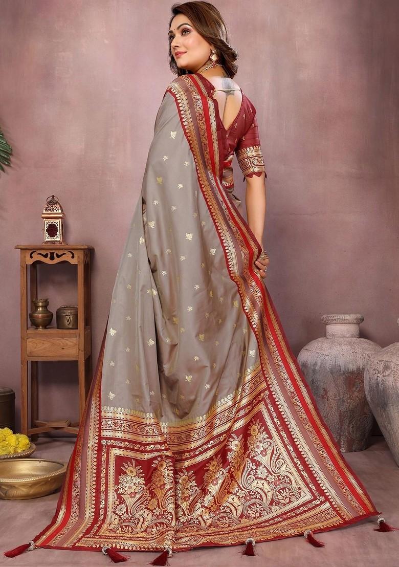 Beige Zari Printed Blended Saree Set