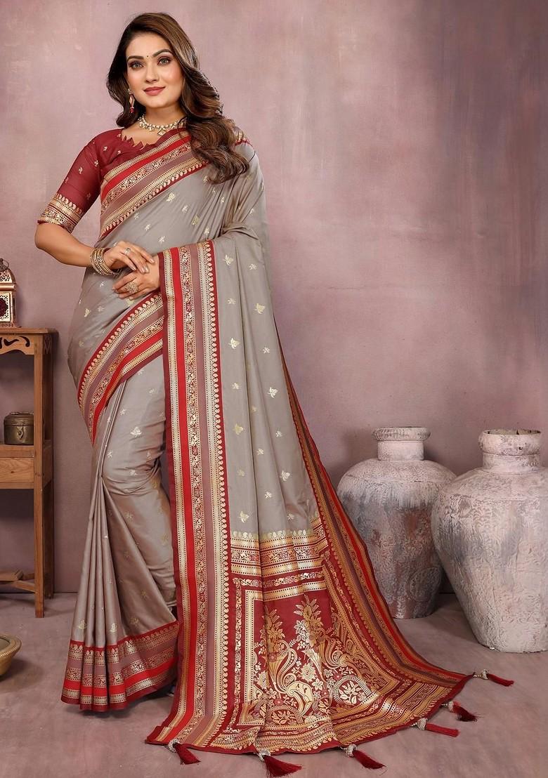 Beige Zari Printed Blended Saree Set