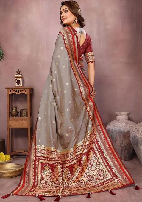 Beige Zari Printed Blended Saree Set