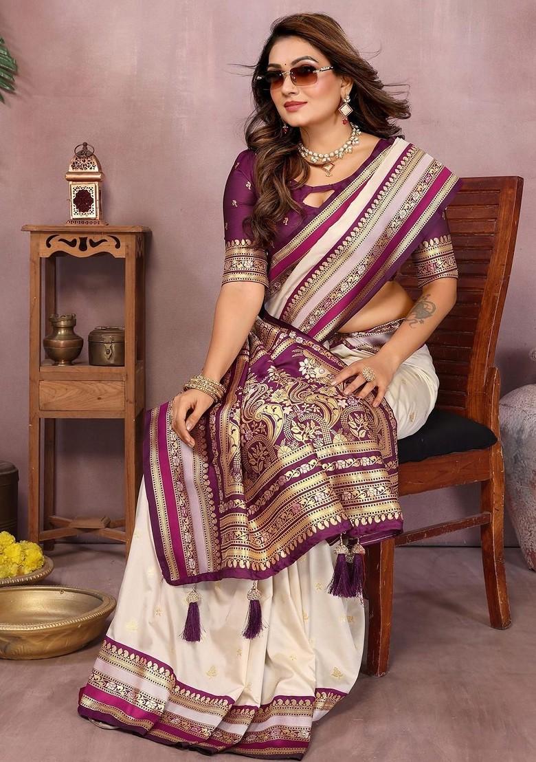 White Zari Printed Blended Saree Set - Indya