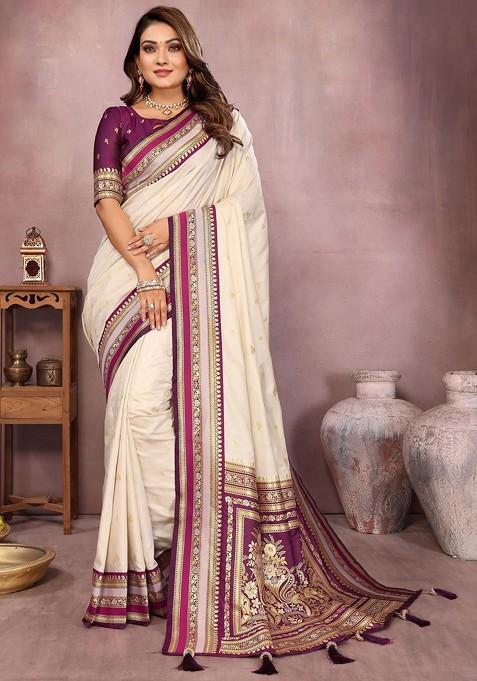 White Zari Printed Blended Saree Set