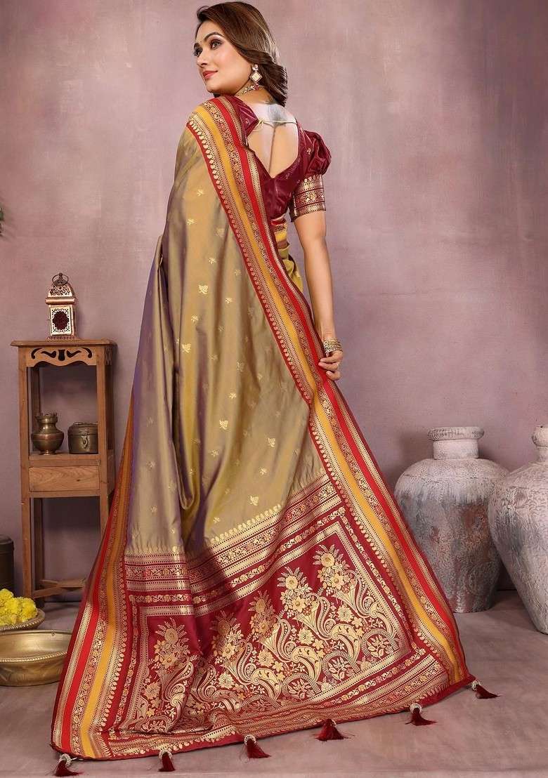Brown Zari Printed Blended Saree Set for Diwali and Festive Wear - Indya