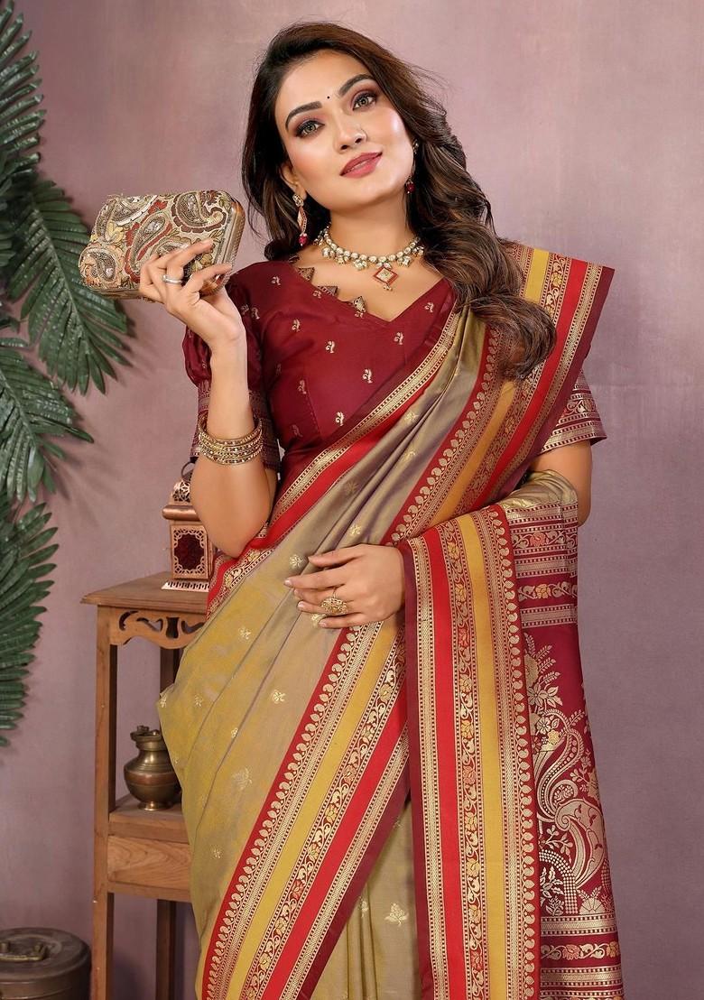 Brown Zari Printed Blended Saree Set - Indya