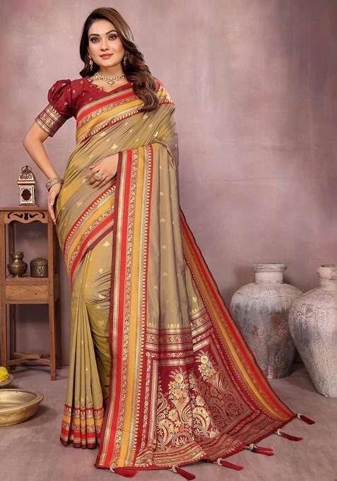 Brown Zari Printed Blended Saree Set for Diwali and Festive Wear