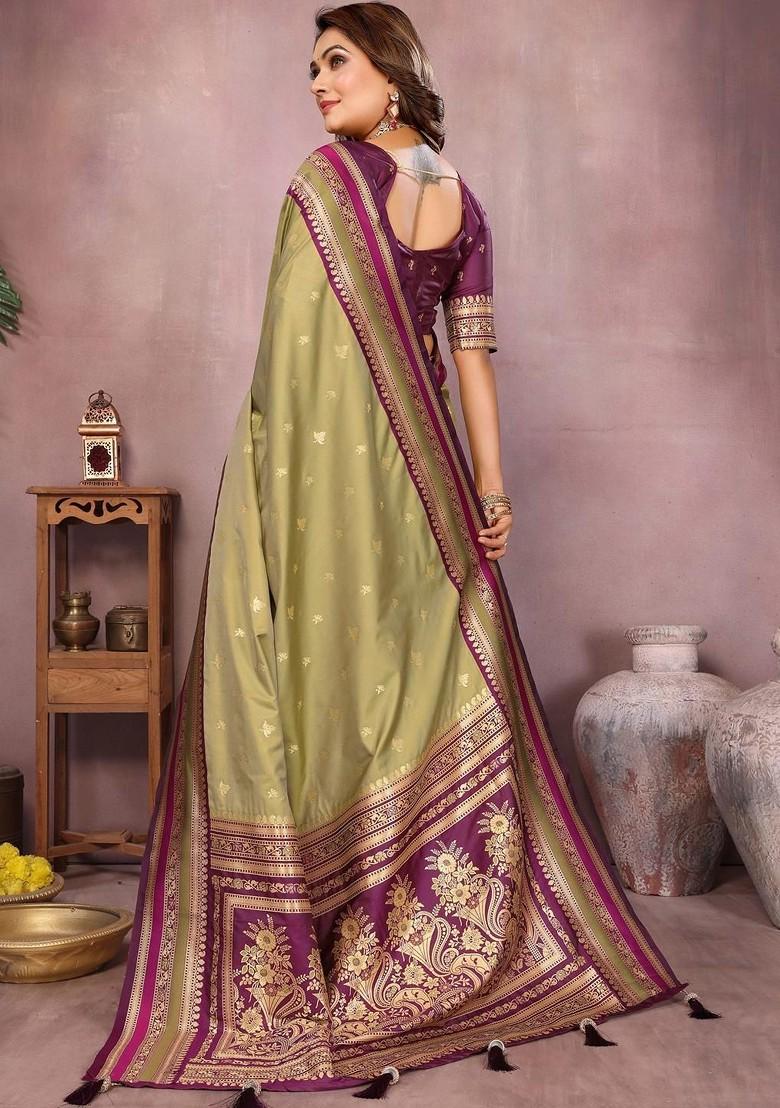 Olive Zari Printed Blended Saree Set - Indya