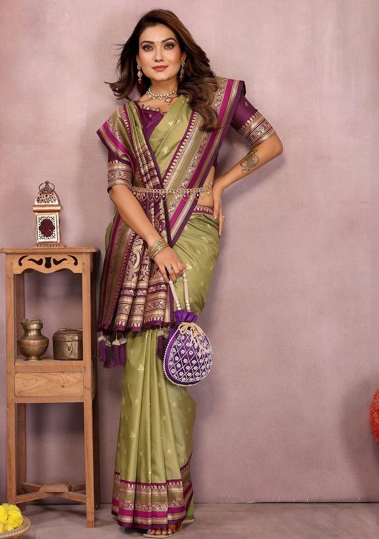 Olive Zari Printed Blended Saree Set - Indya