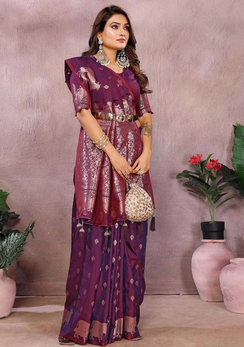 Maroon Zari Printed Blended Saree Set - Indya