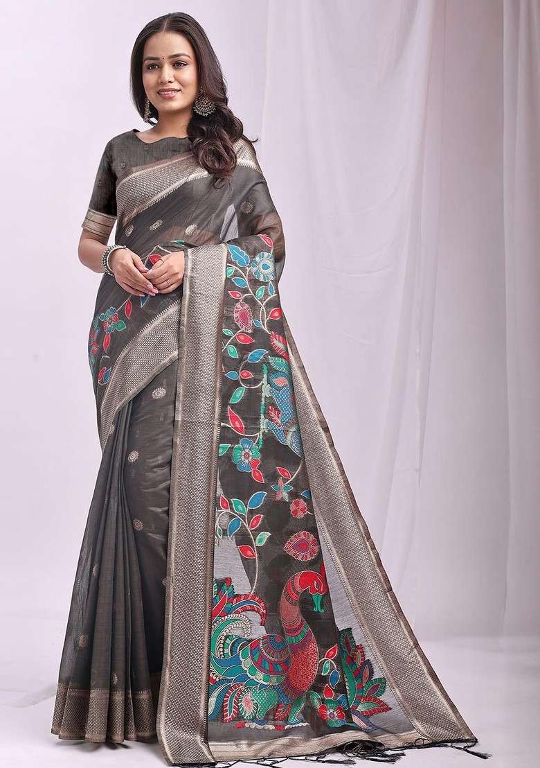 Grey Zari Printed Blended Saree Set for Diwali and Festive Wear - Indya