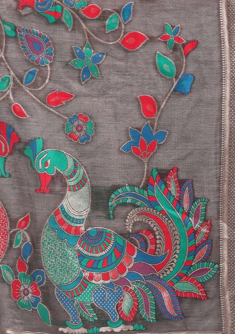 Grey Zari Printed Blended Saree Set for Diwali and Festive Wear - Indya
