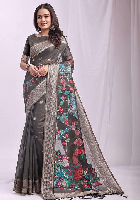 Grey Zari Printed Blended Saree Set for Diwali and Festive Wear