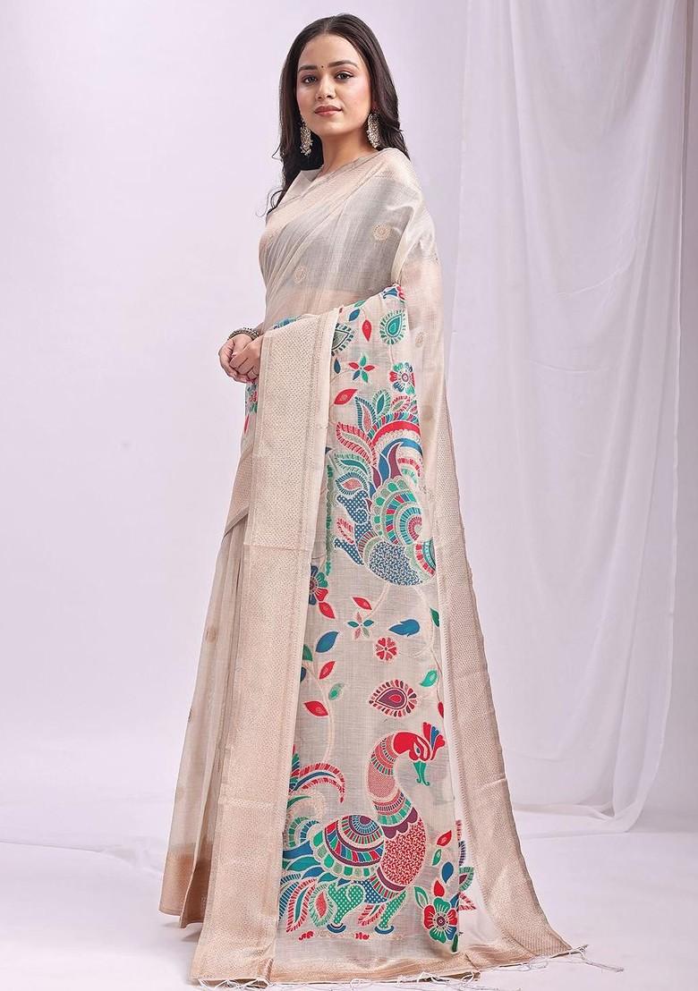 White Zari Printed Blended Saree Set - Indya