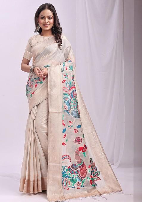 White Zari Printed Blended Saree Set