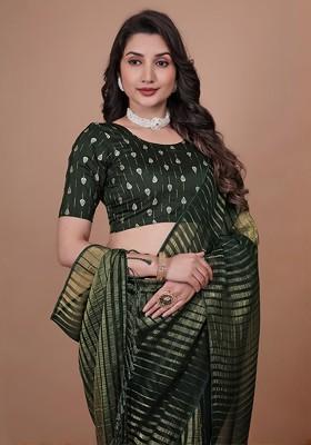 Green Embroidered Blended Saree Set