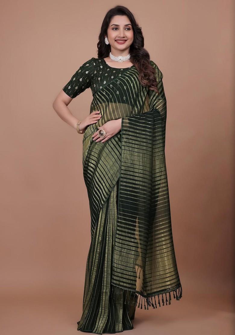 Green Embroidered Blended Saree Set - Indya