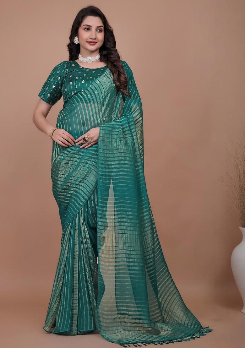 Blue Embroidered Blended Saree Set - Indya