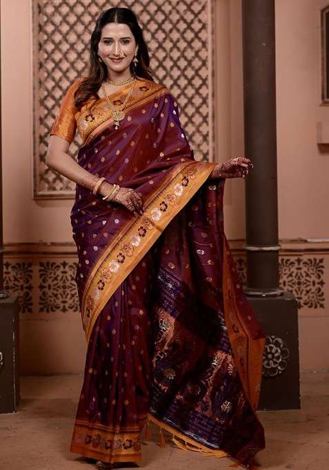 Brown Zari Blended Saree Set with Printed for Diwali | Wedding & Festive Wear