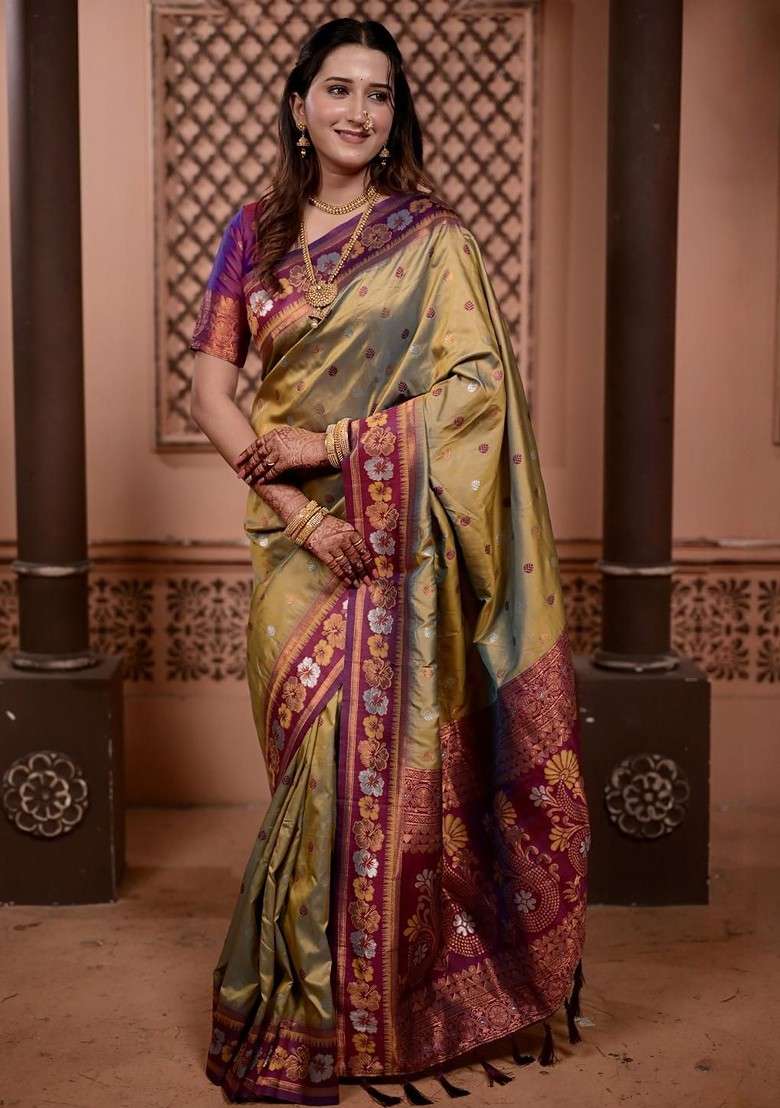 Beige Zari Printed Blended Saree Set for Diwali and Festive Wear - Indya