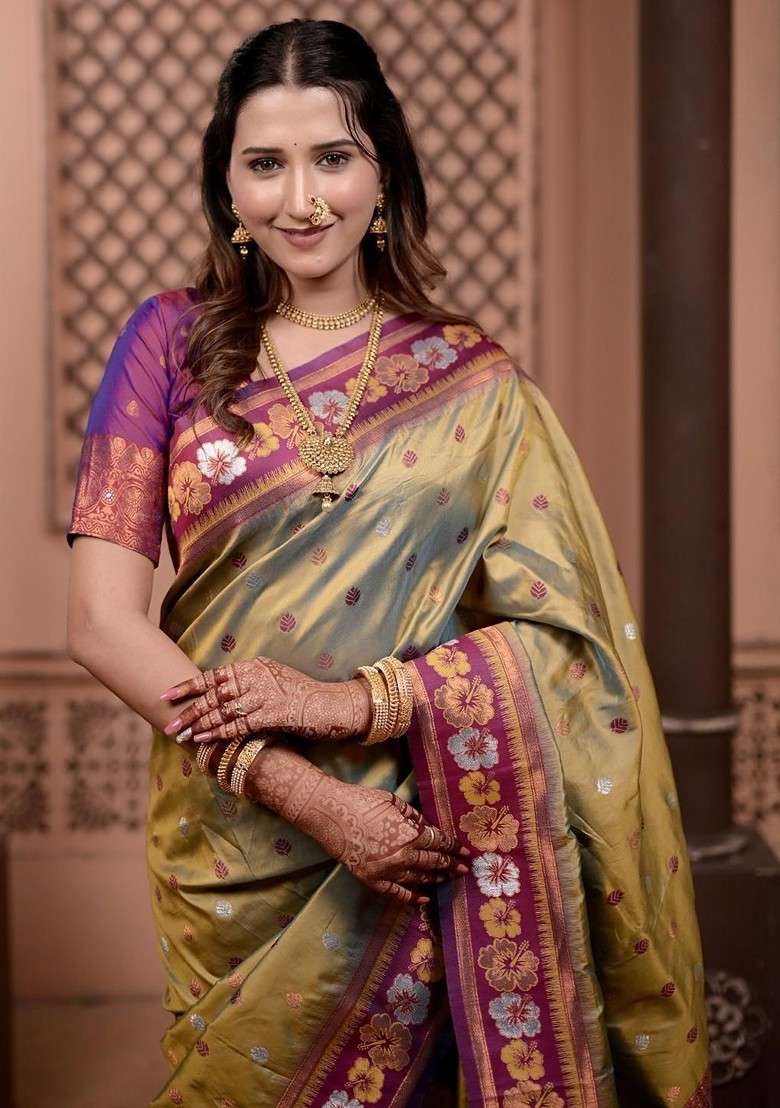 Beige Zari Printed Blended Saree Set for Diwali and Festive Wear - Indya