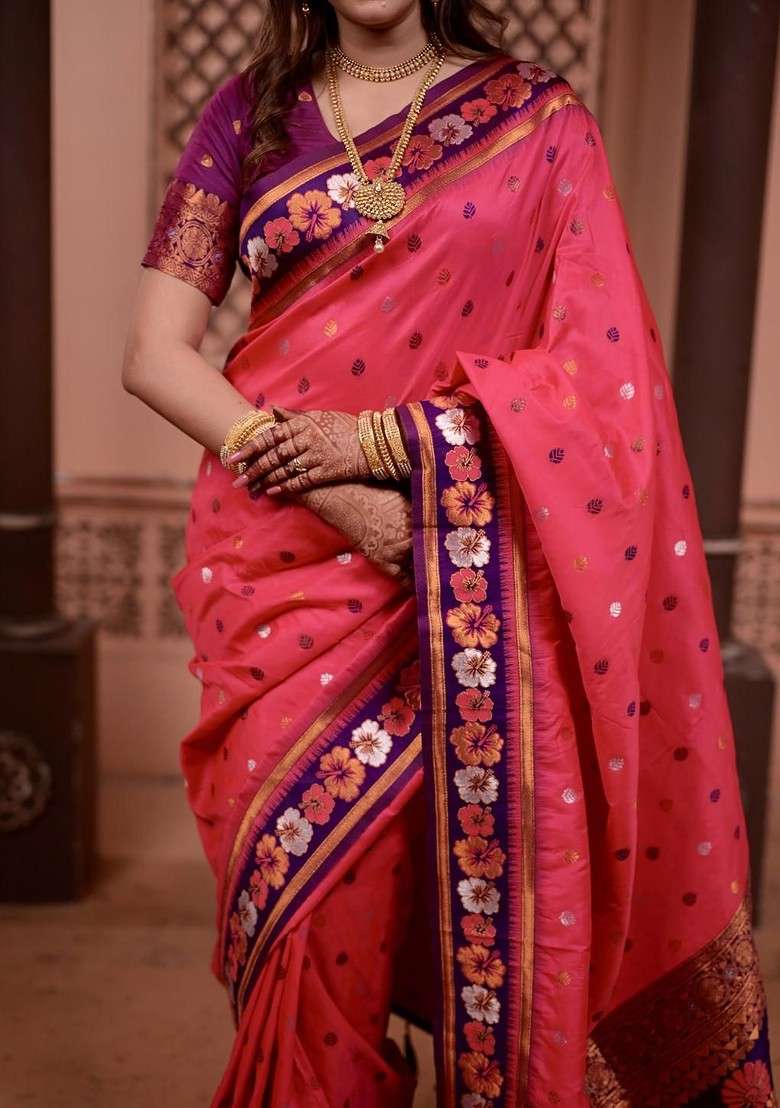 Pink Zari Printed Blended Saree Set for Diwali and Festive Wear - Indya