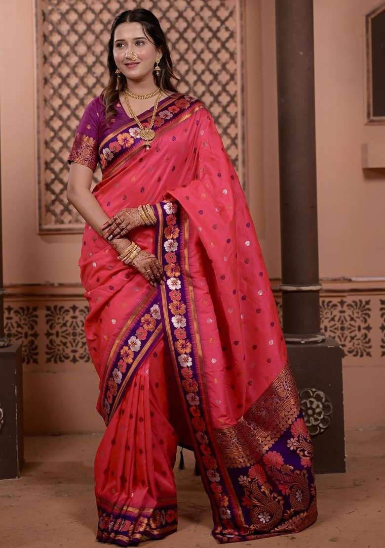 Pink Zari Printed Blended Saree Set for Diwali and Festive Wear - Indya