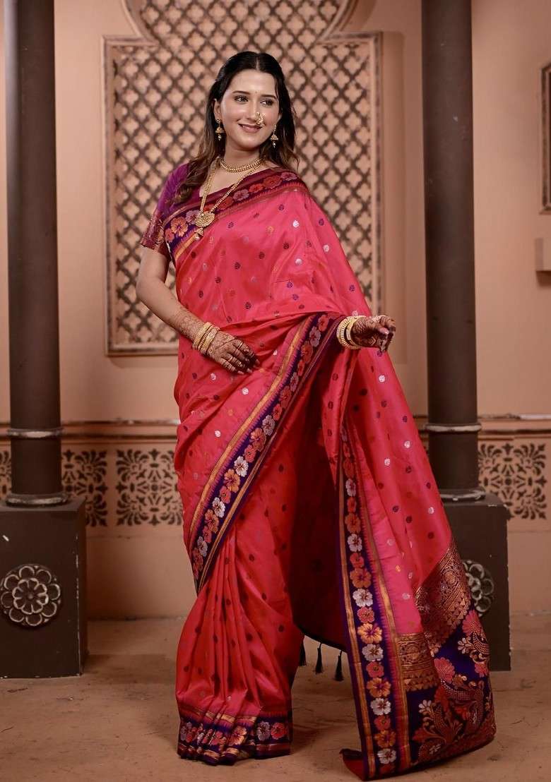 Pink Zari Printed Blended Saree Set for Diwali and Festive Wear - Indya