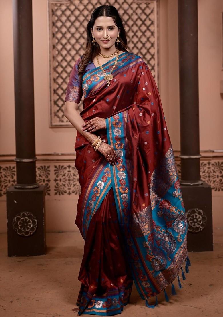 Maroon Printed Blended Saree Set - Indya