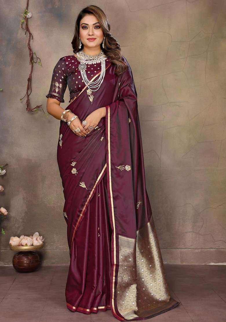 Maroon Zari Blended Saree Set with Printed for Diwali | Wedding & Festive Wear - Indya
