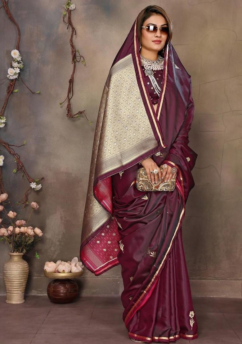 Maroon Zari Printed Blended Saree Set - Indya