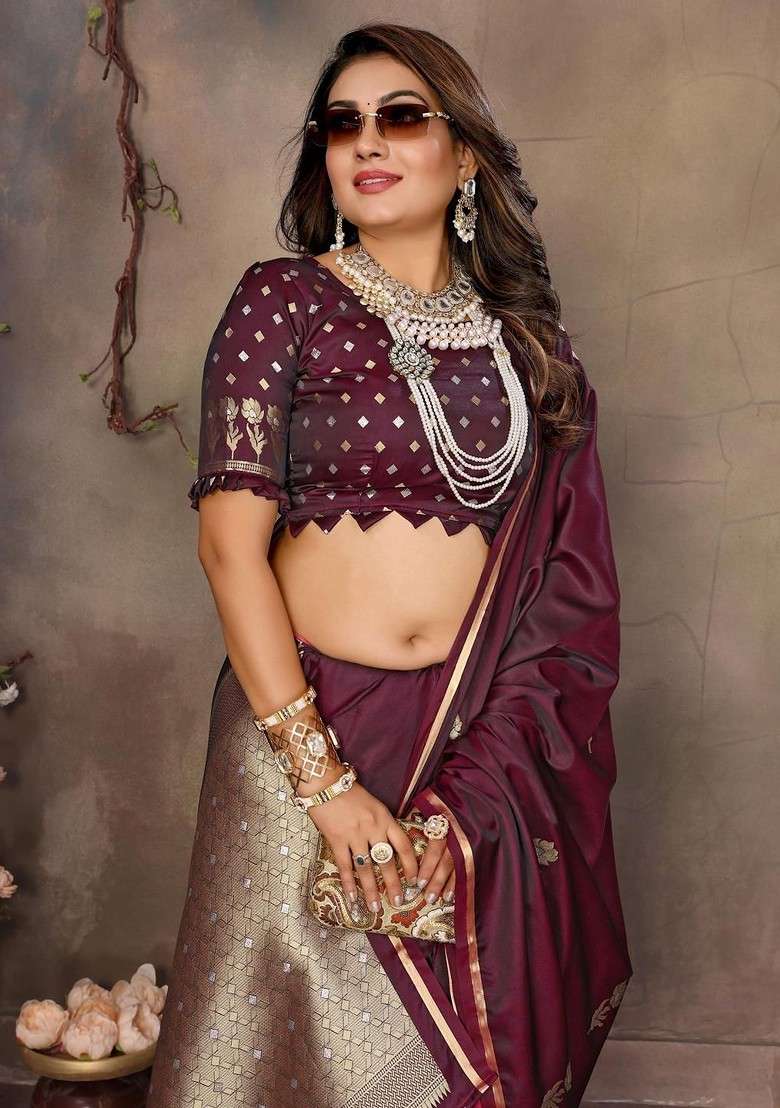 Maroon Zari Blended Saree Set with Printed for Diwali | Wedding & Festive Wear - Indya