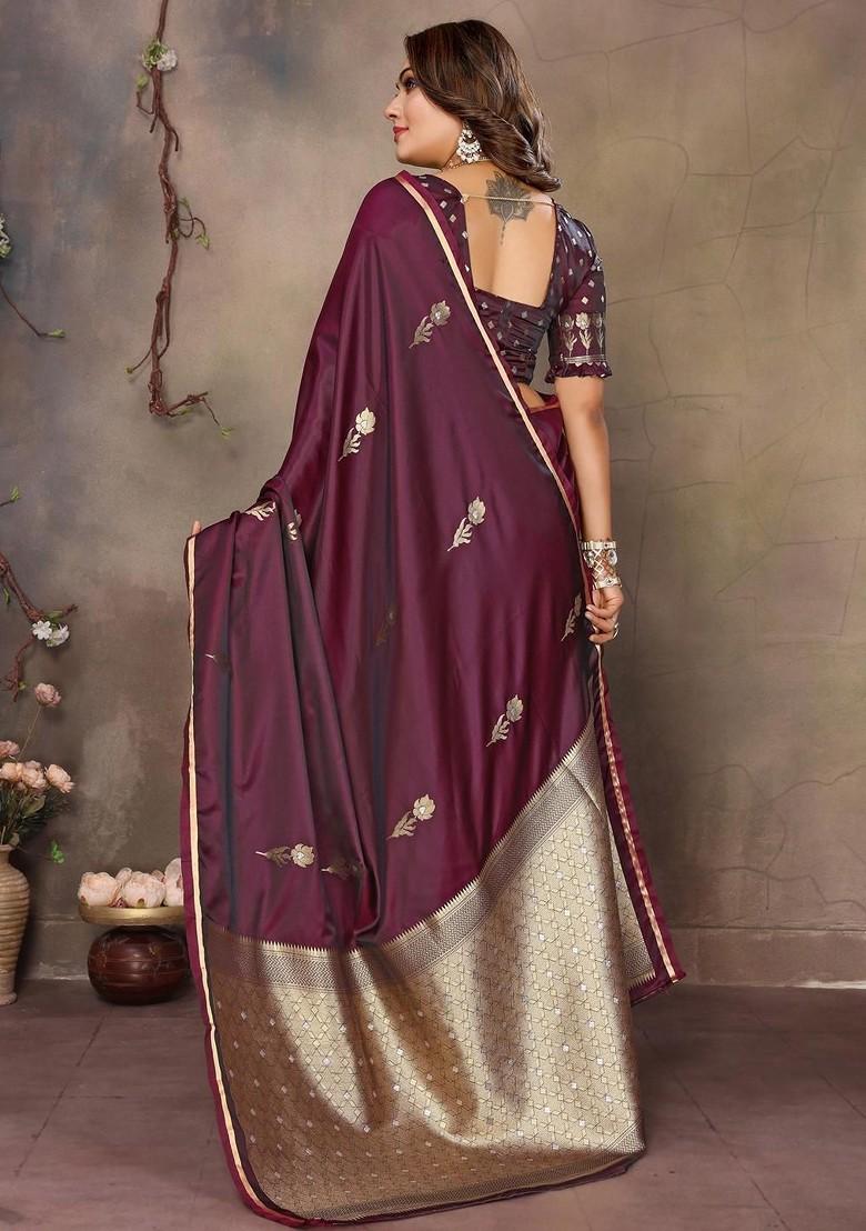 Maroon Zari Printed Blended Saree Set - Indya