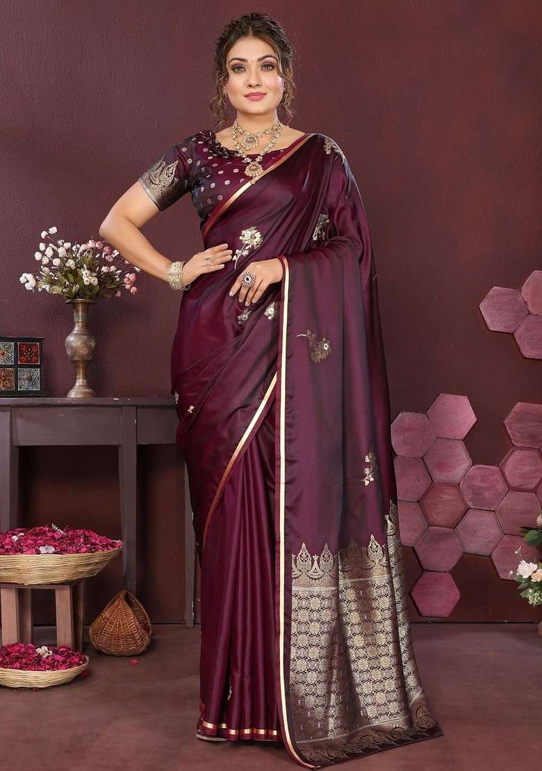Maroon Zari Printed Blended Saree Set for Diwali and Festive Wear - Indya