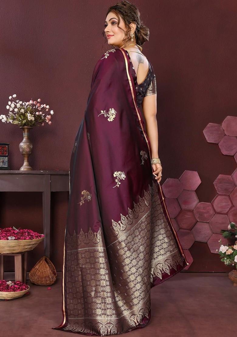 Maroon Zari Printed Blended Saree Set - Indya